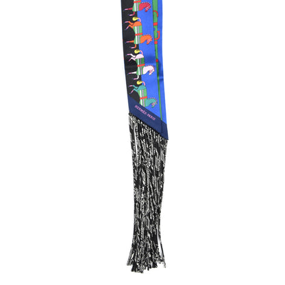 Hermes Silk Rocabar Fringed Twilly Bleu Royal Jaune Vert 2 of 3