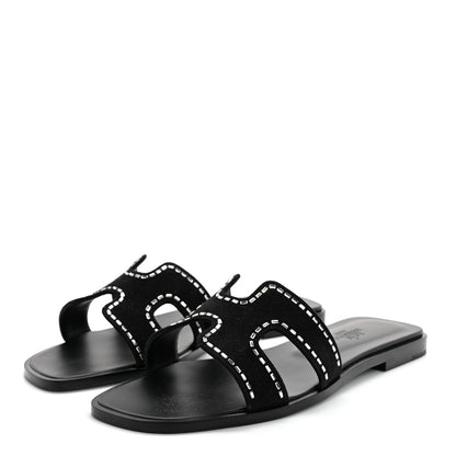 Hermes Suede Goatskin Crystal Embellished Oran Sandals 36.5 Black 3 of 8