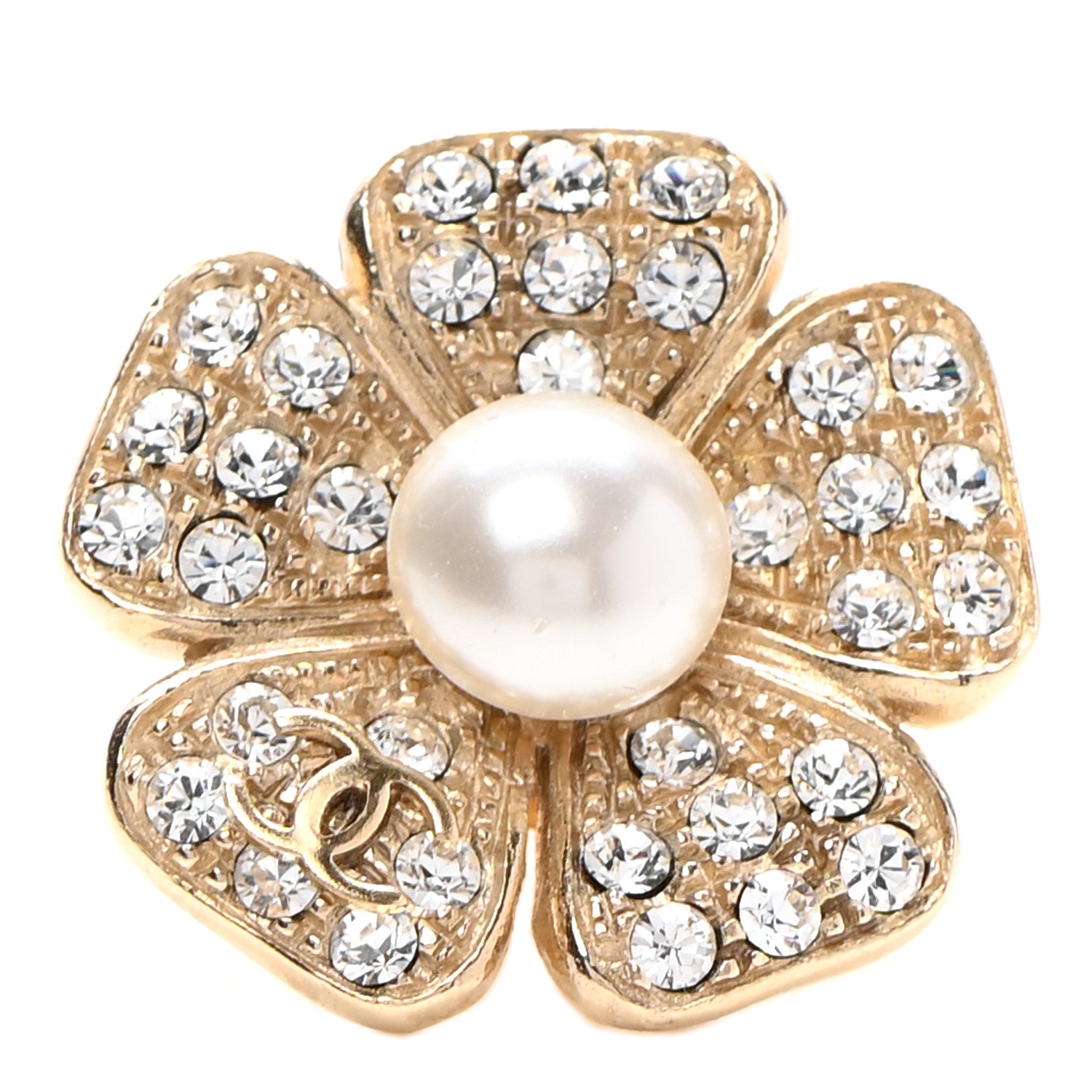 Chanel Crystal Pearl Camellia CC Brooch Gold 1 of 5
