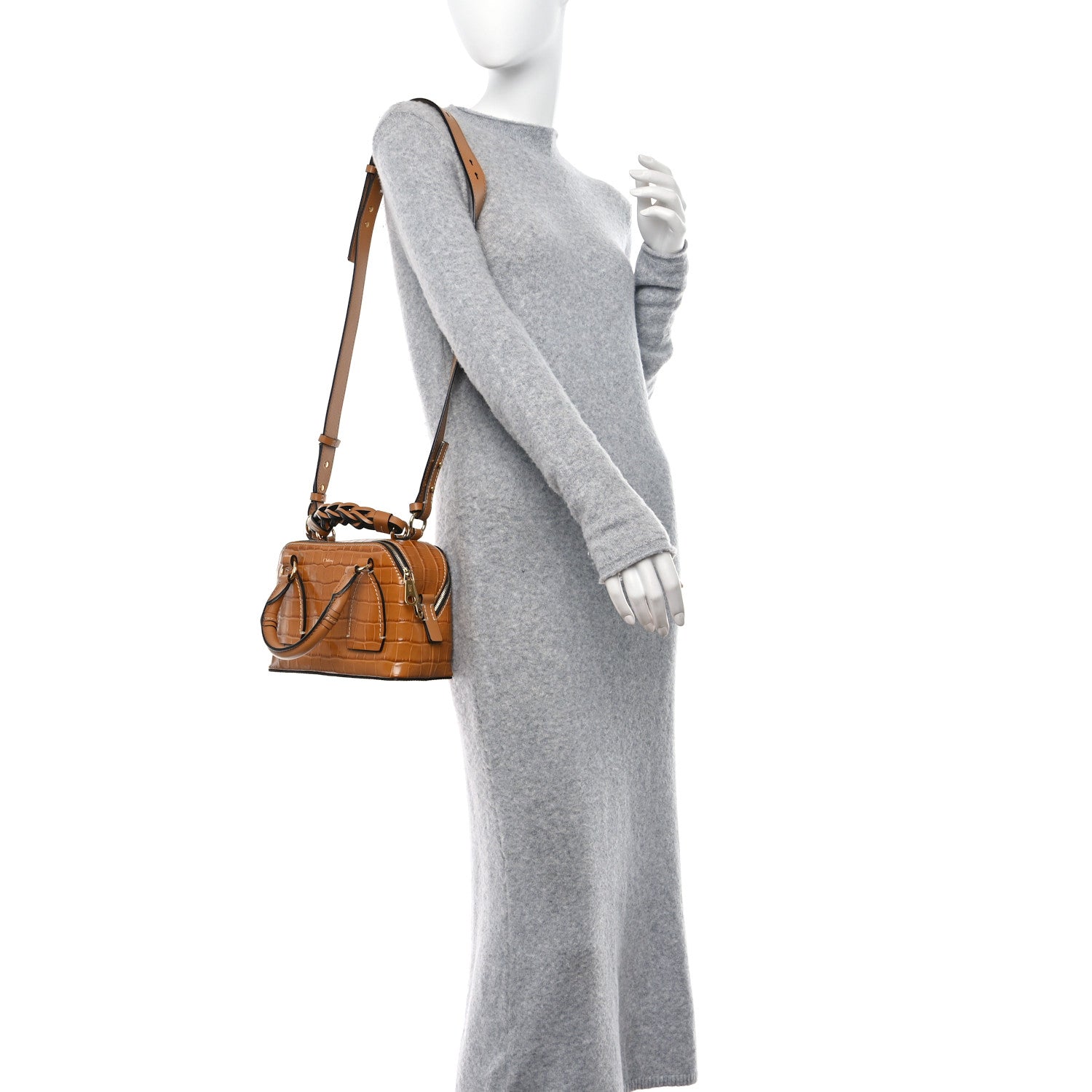 Chloe Calfskin Crocodile Embossed Small Daria Autumnal Brown 2 of 10