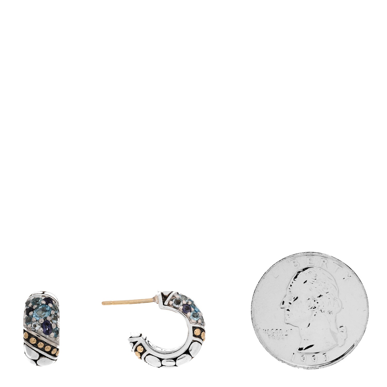 John Hardy Sterling Silver 18K Yellow Gold Blue Topaz Iolite Aquamarine Kali Lavafire Hoop Earrings 2 of 5