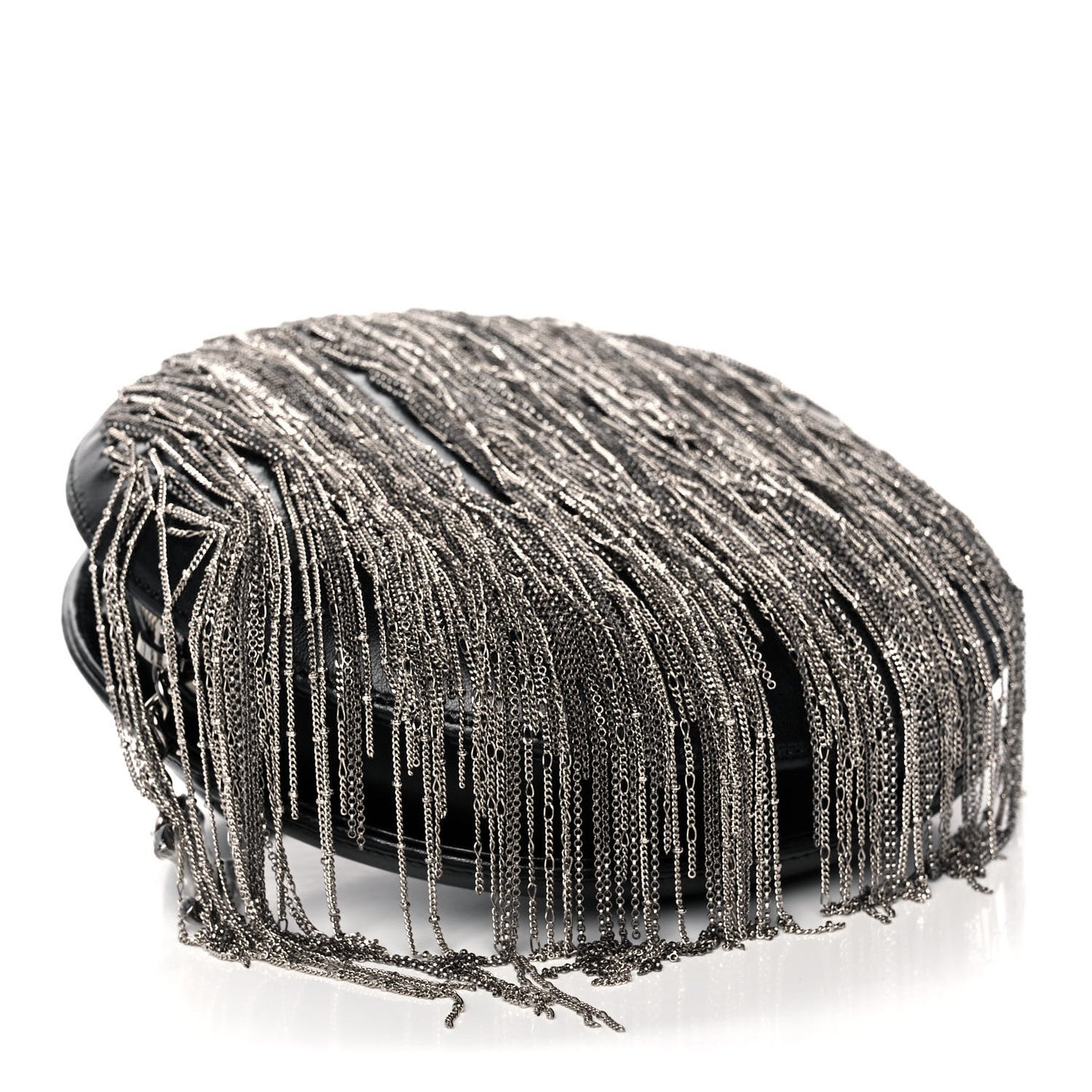 Lambskin Chain Fringe Round Clutch With Chain Black