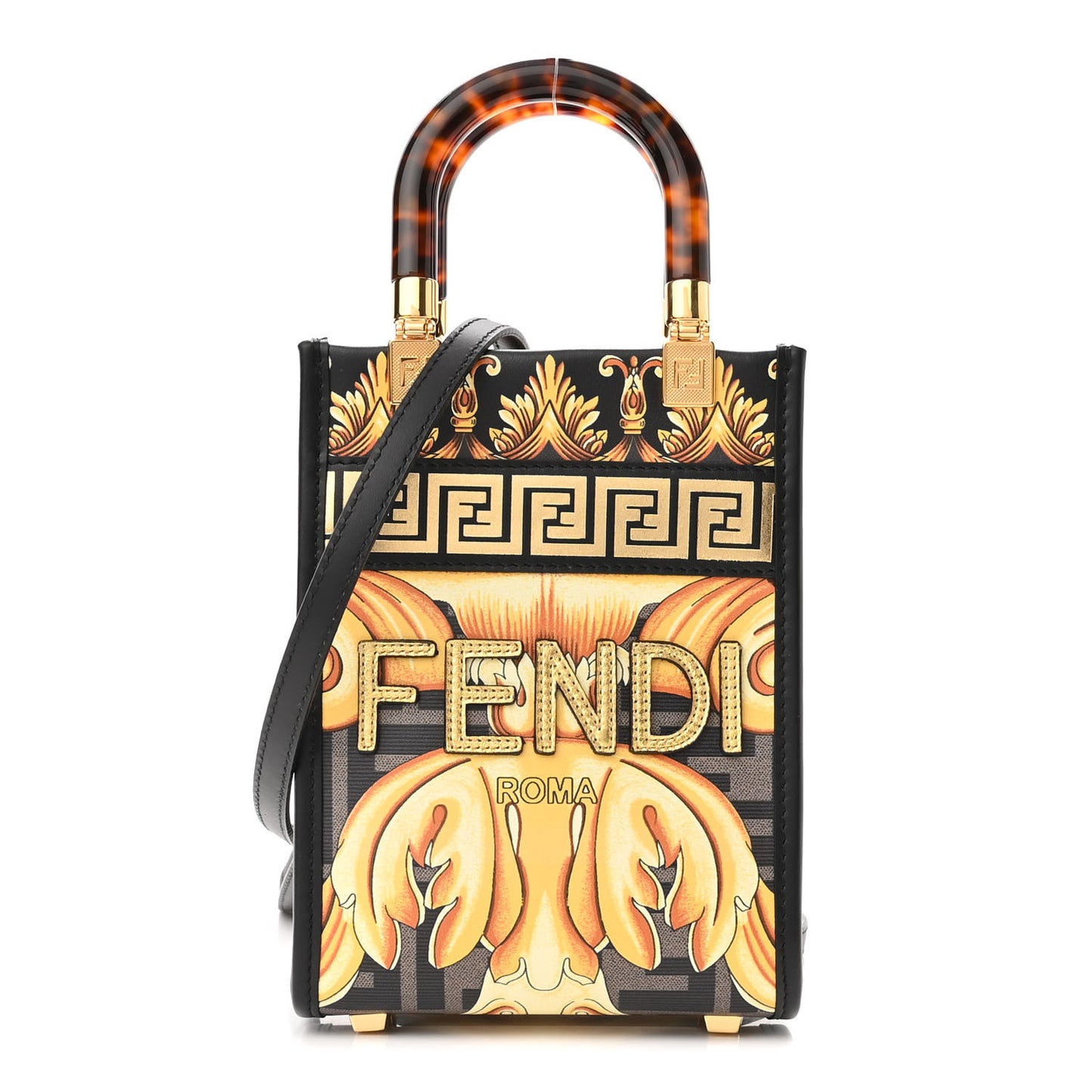 X VERSACE Vitello King Catalan Mirror Plexiglass Fendace FF Baroque Logo Mini Fendi Sunshine Shopper Tote Black Gold