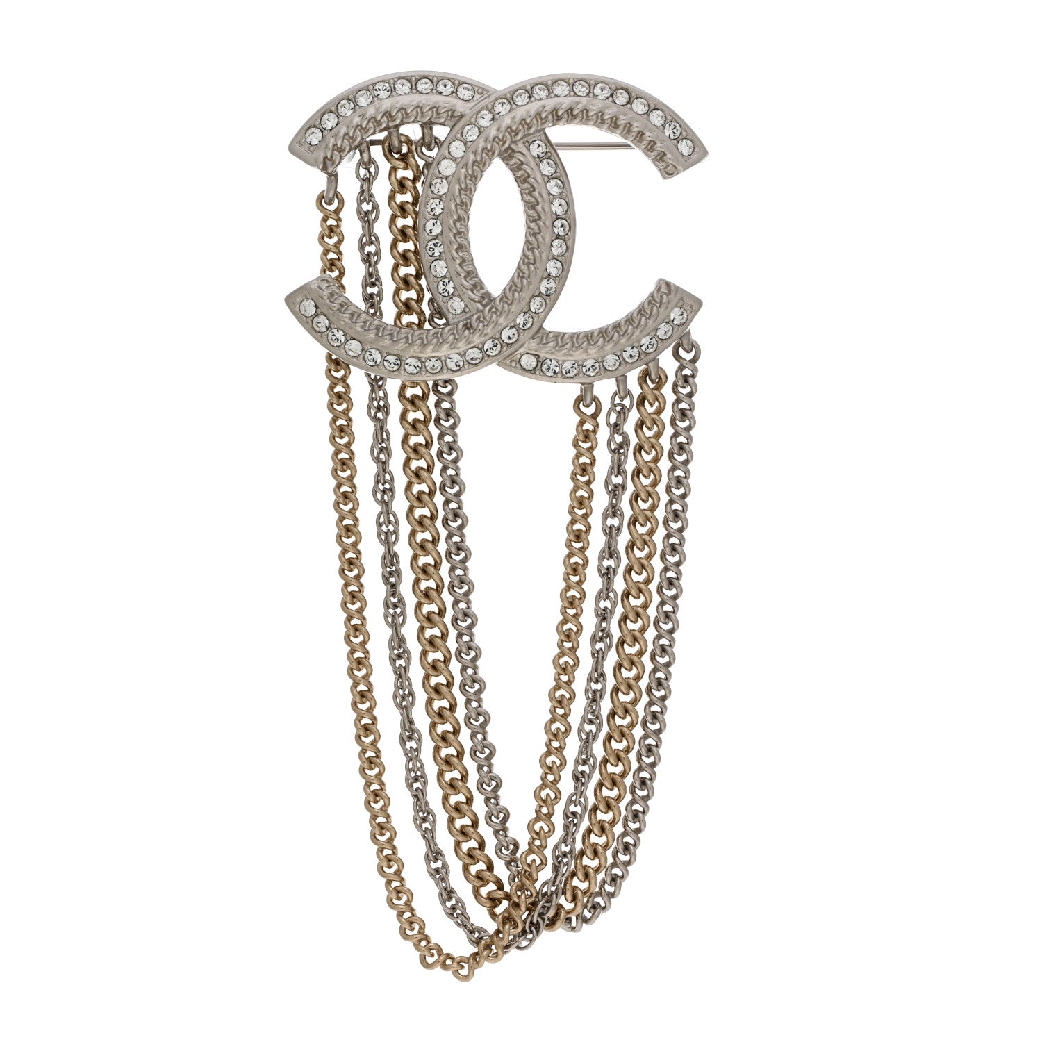 Chanel Crystal Multi Strand Chain CC Brooch Silver Gold 1 of 4