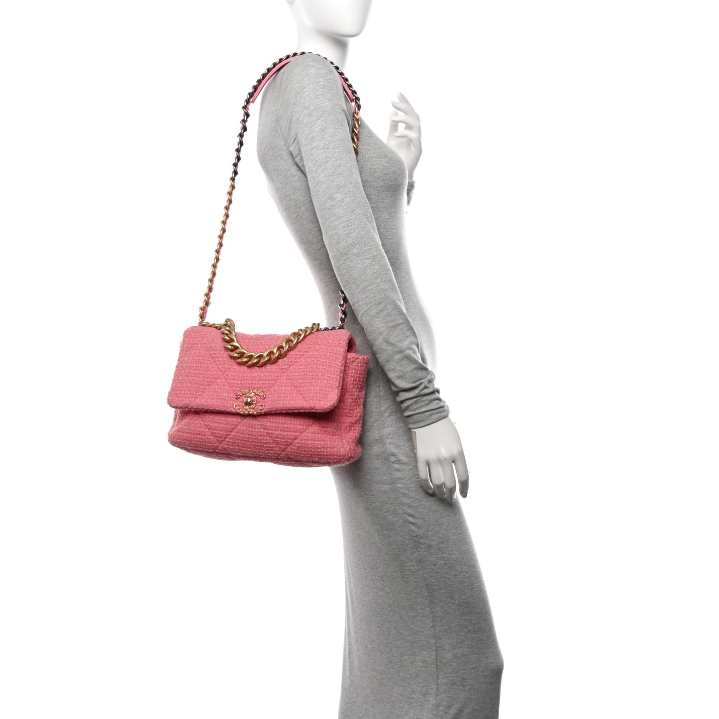Metallic Tweed Quilted Large Chanel 19 Flap Pink