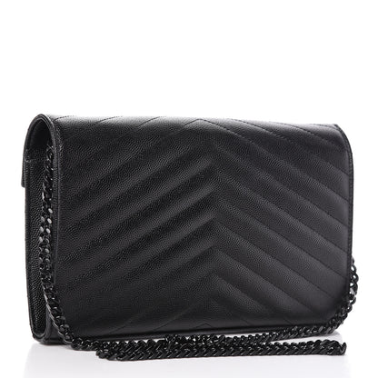 Saint Laurent Grain De Poudre Matelasse Chevron Monogram Chain Wallet Black 3 of 10
