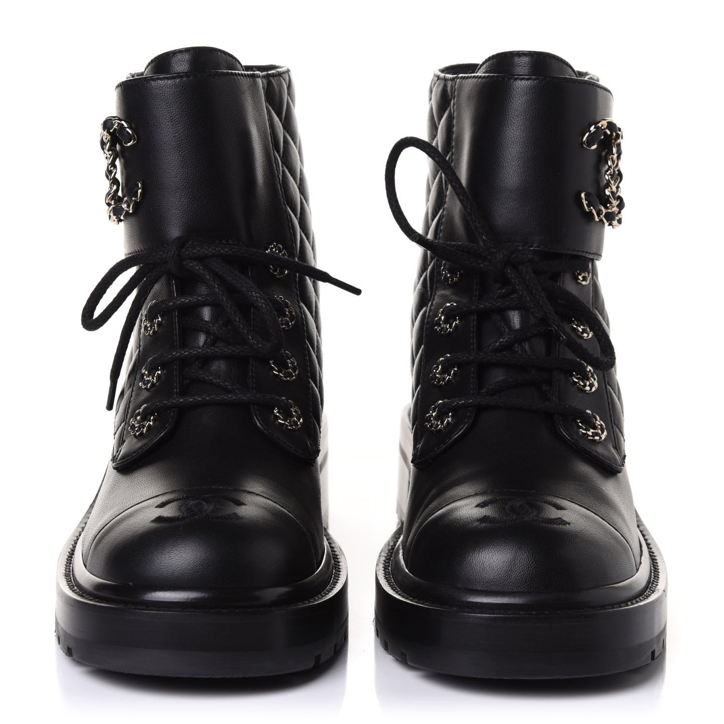 Shiny Lambskin Quilted Lace Up Combat Boots 39.5 Black