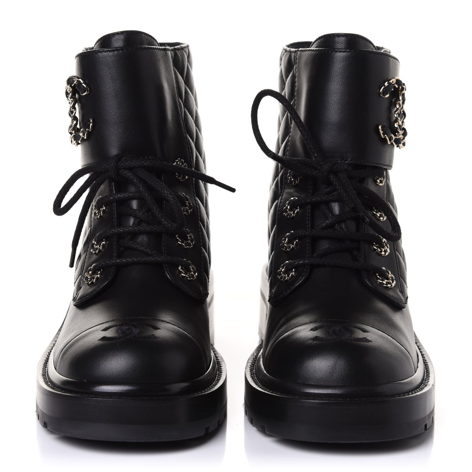 Chanel Shiny Lambskin Quilted Lace Up Combat Boots 39.5 Black 2 of 10