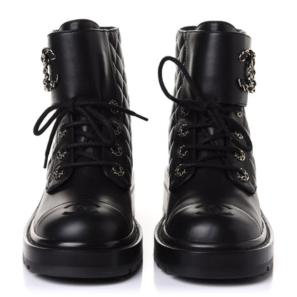 Chanel Shiny Lambskin Quilted Lace Up Combat Boots 39.5 Black 2 of 10