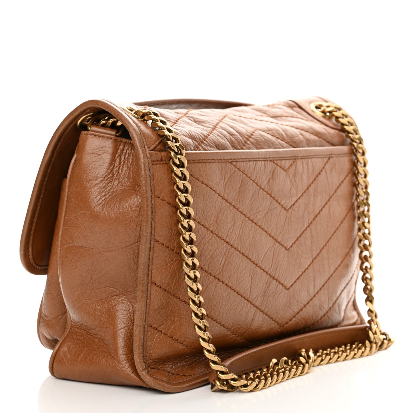 Crinkled Calfskin Matelasse Monogram Medium Niki Chain Satchel Caramel