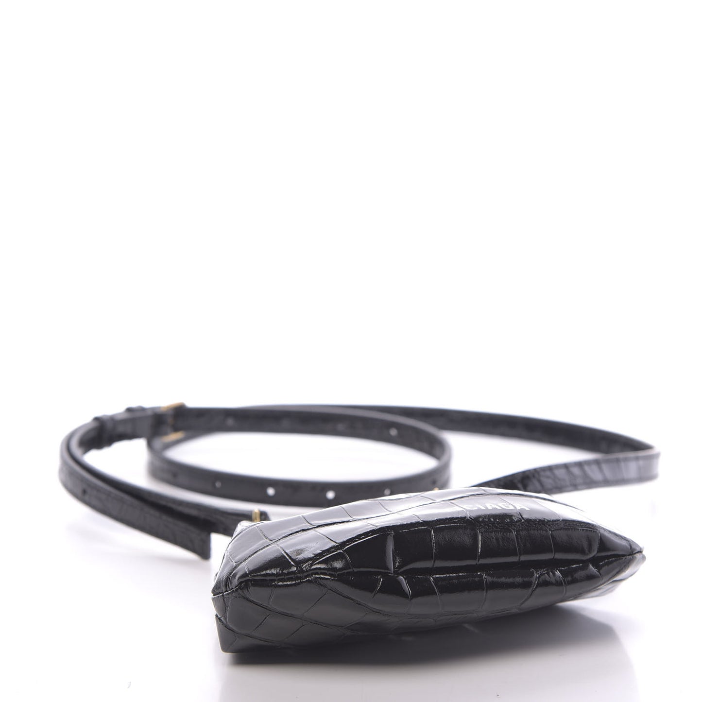 Shiny Supple Calfskin Logo Crocodile Embossed Cloud Coin Purse With Strap Black White