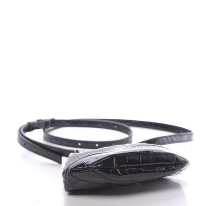 Balenciaga Shiny Supple Calfskin Logo Crocodile Embossed Cloud Coin Purse With Strap Black White 4 of 11