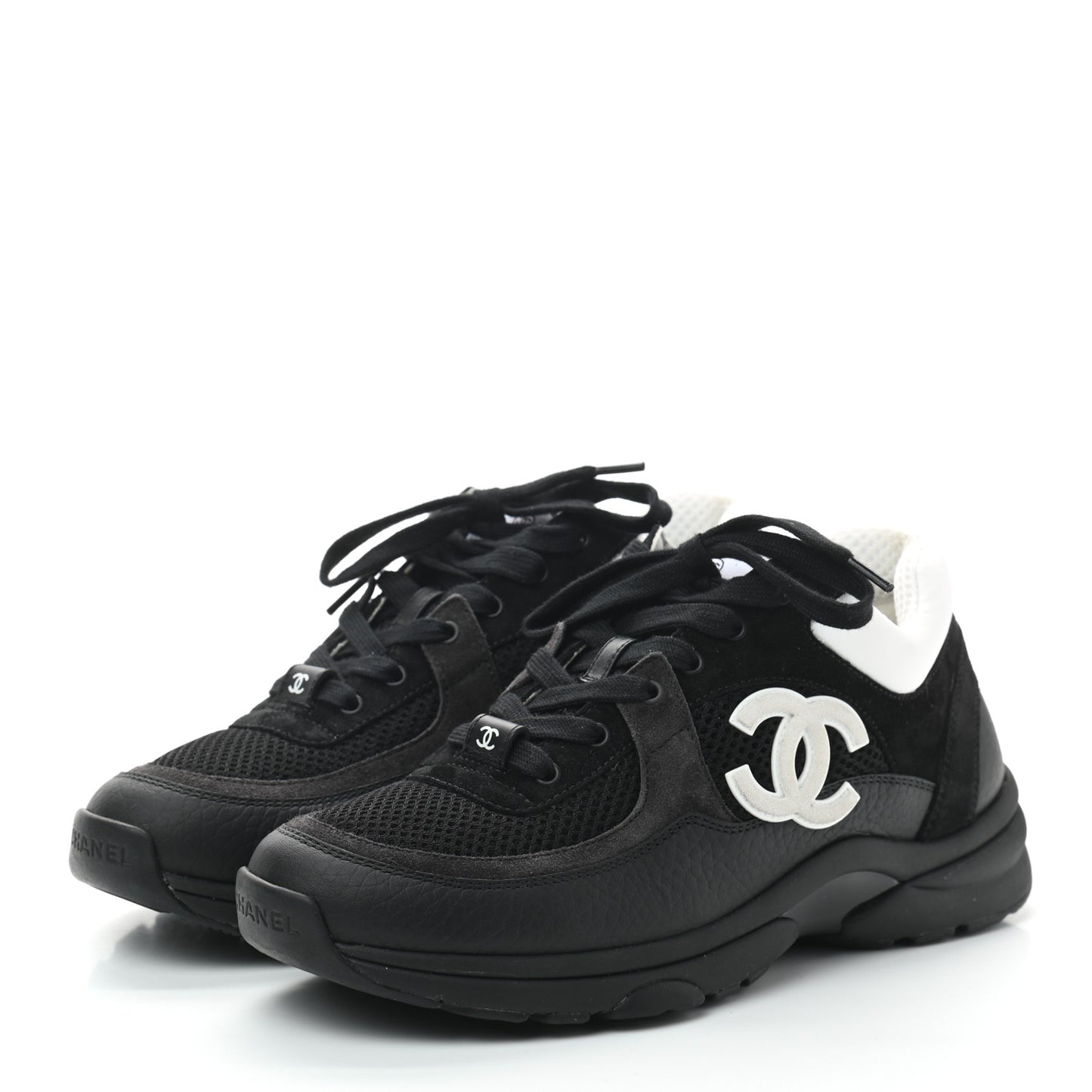 Mesh Suede Grained Calfskin Womens CC Sneakers 38 Black White