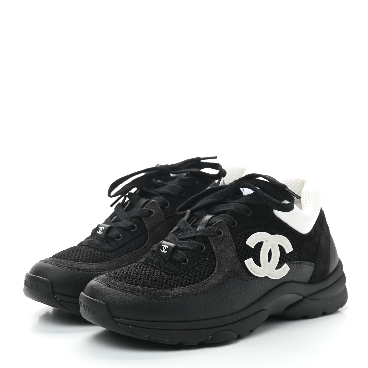 Chanel Mesh Suede Grained Calfskin Womens CC Sneakers 38 Black White 2 of 6