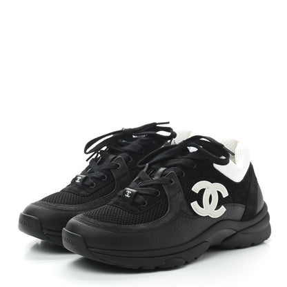 Chanel Mesh Suede Grained Calfskin Womens CC Sneakers 38 Black White 2 of 6
