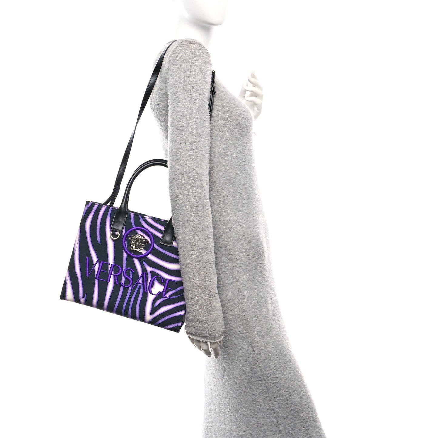 Canvas Calfskin Zebra La Medusa Small Tote Bag Purple Black