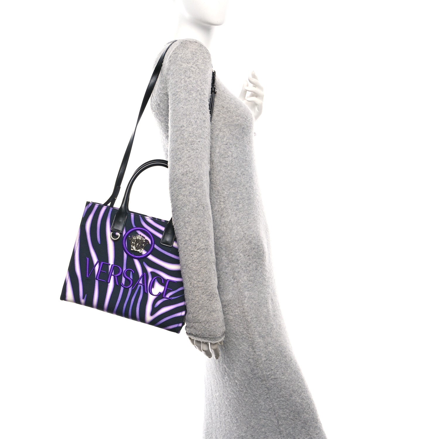 Versace Canvas Calfskin Zebra La Medusa Small Tote Bag Purple Black 2 of 10