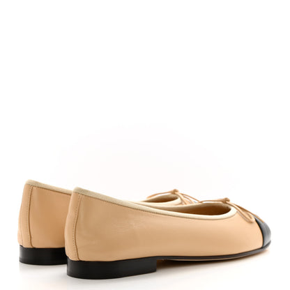 Chanel Lambskin Cap Toe CC Ballerina Flats 37.5 Beige Black 4 of 10