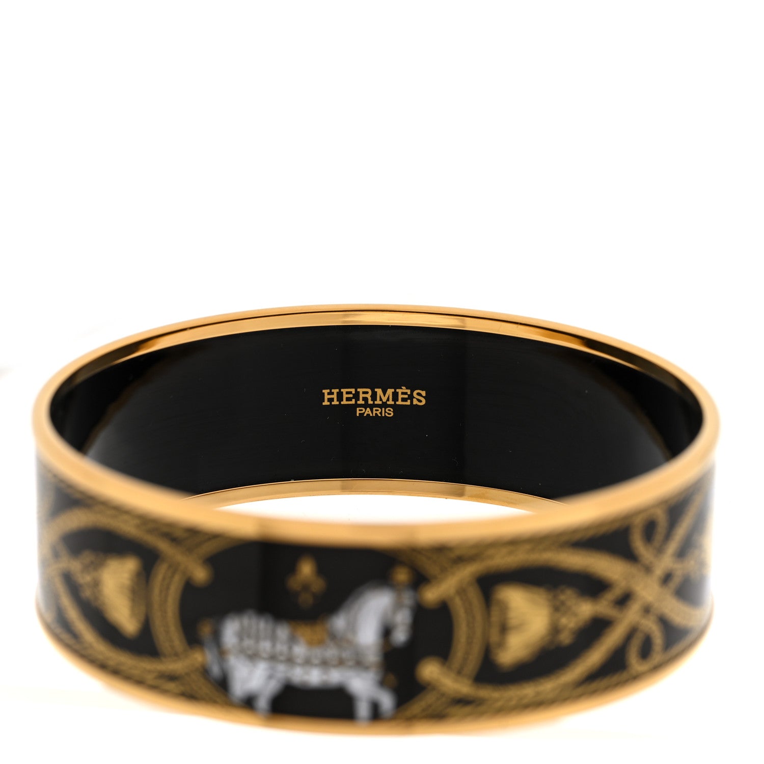 HERMES バングル ブラック ゴールド Sサイズ Hermes Enamel Printed Wide Grand Apparat Bracelet 65 Black 1766236