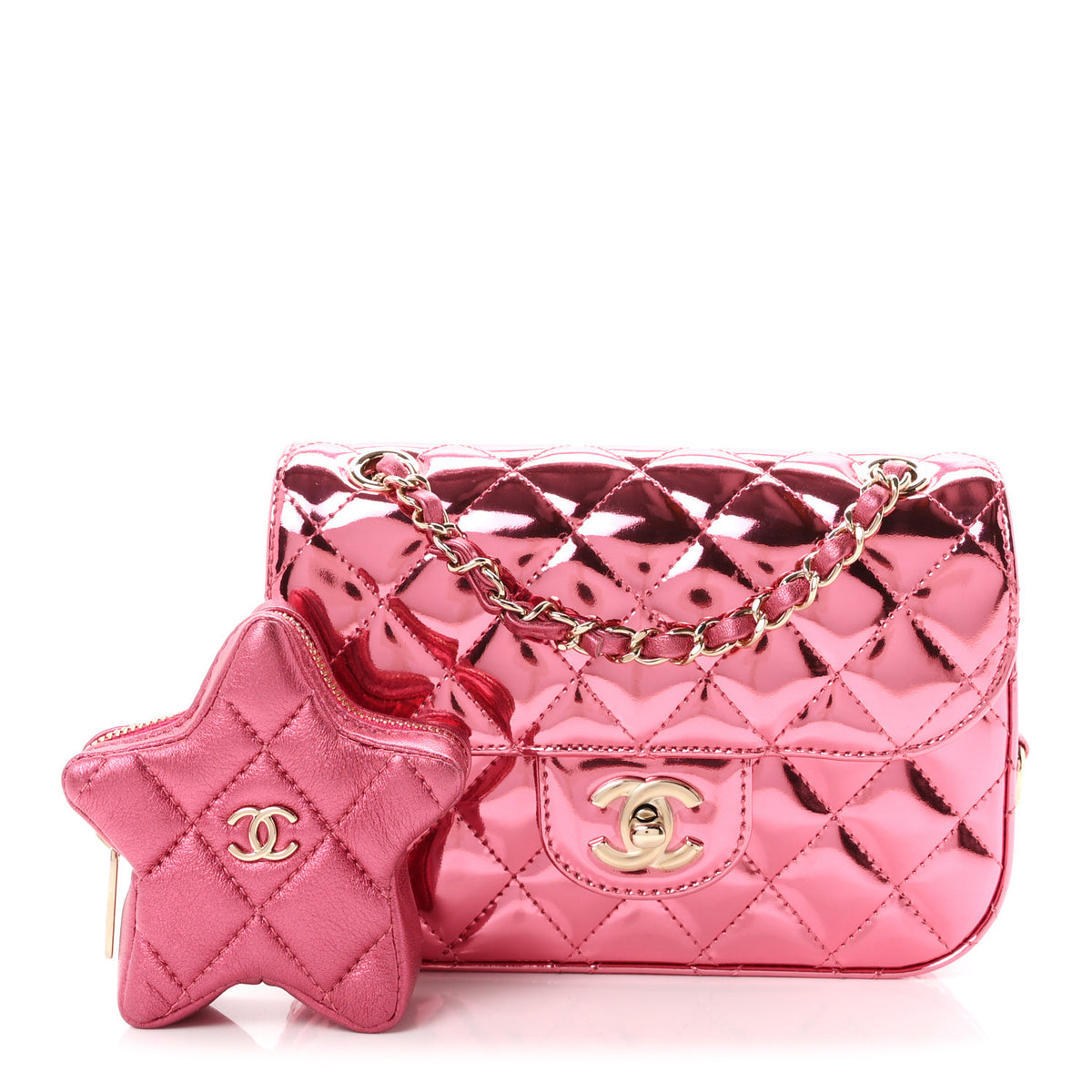 Chanel Mirror Calfskin Metallic Lambskin Quilted Hollywood Boulevard Mini Flap With Star Coin Purse Pink 3 of 12