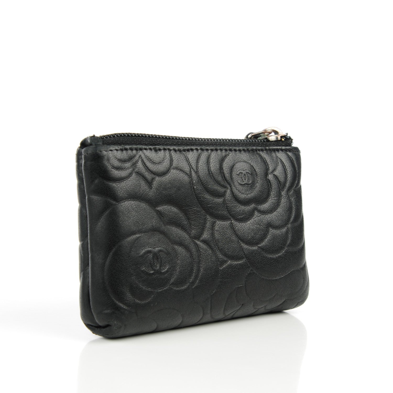 Chanel Lambskin Camellia Embossed Key Holder Case Black 3 of 9