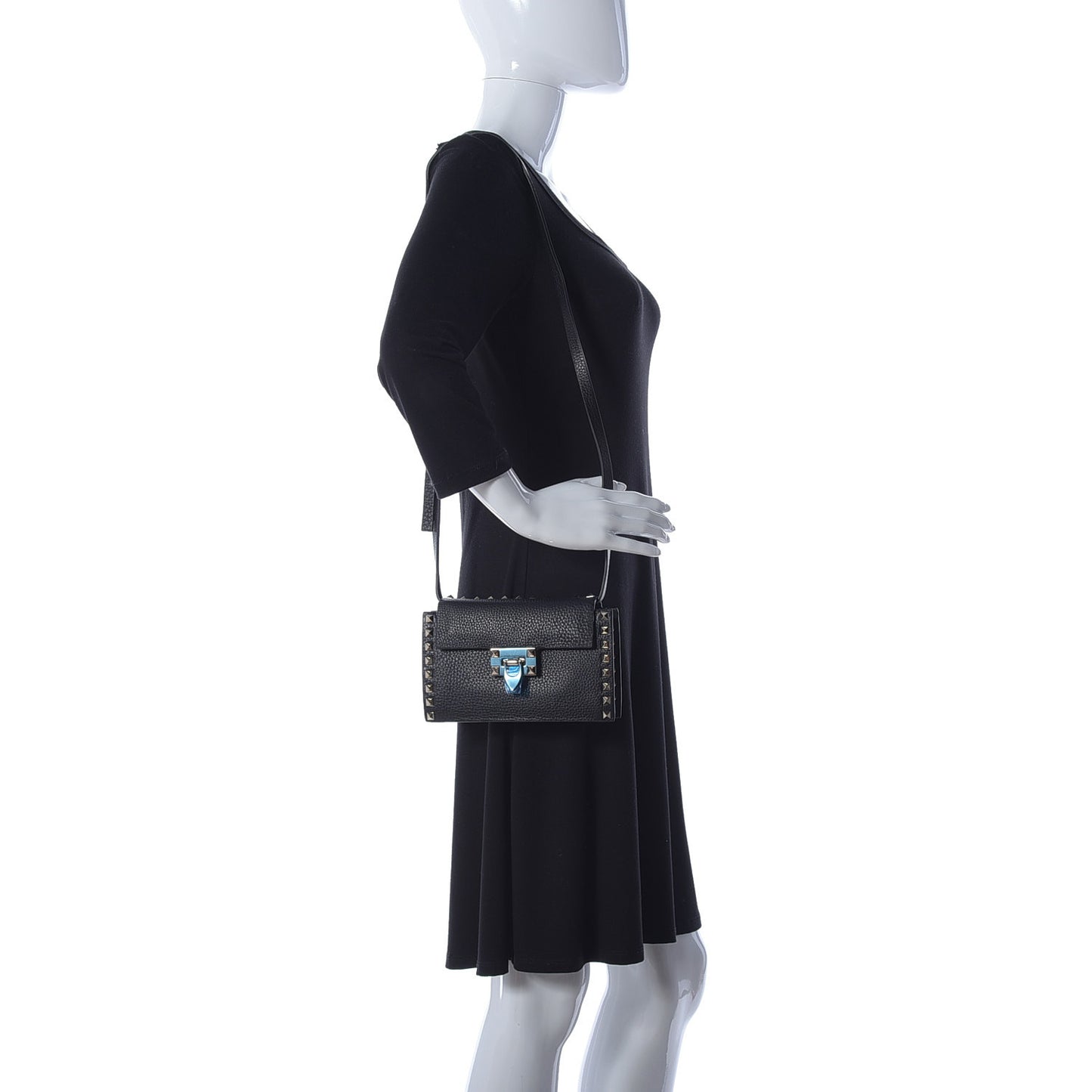 Pebbled Calfskin Small Rockstud Overlay Flap Shoulder Bag Black