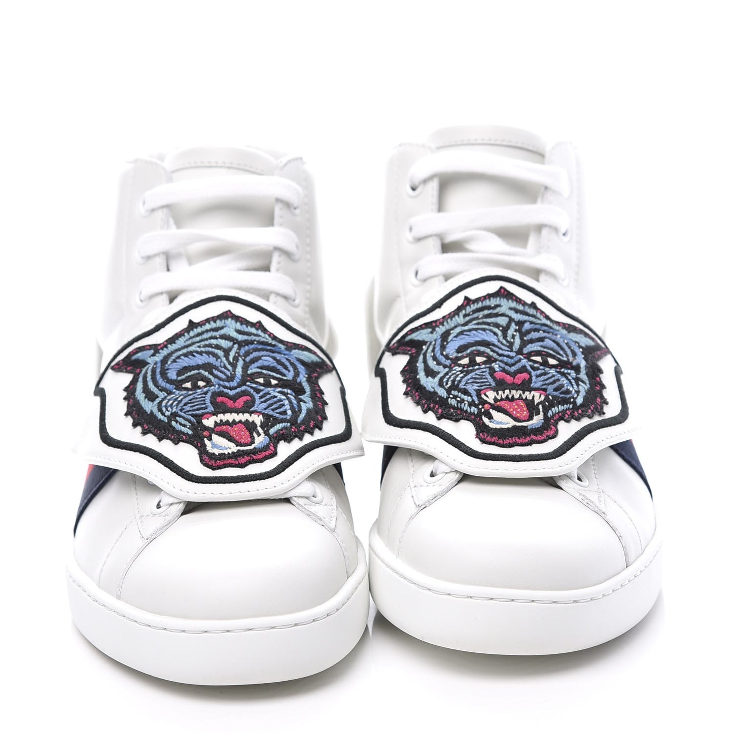 Calfskin Ayers Web Tiger GUCCI Removable Patches Mens Ace High Top Sneakers 5 White