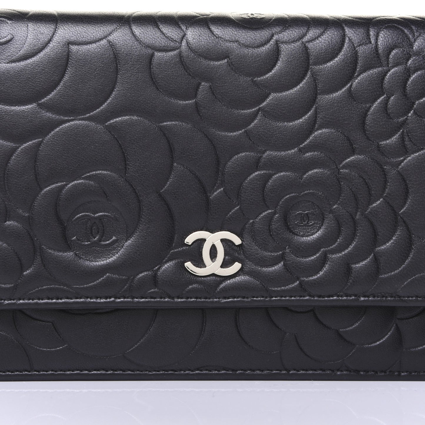 Lambskin Camellia Embossed Wallet on Chain WOC Black