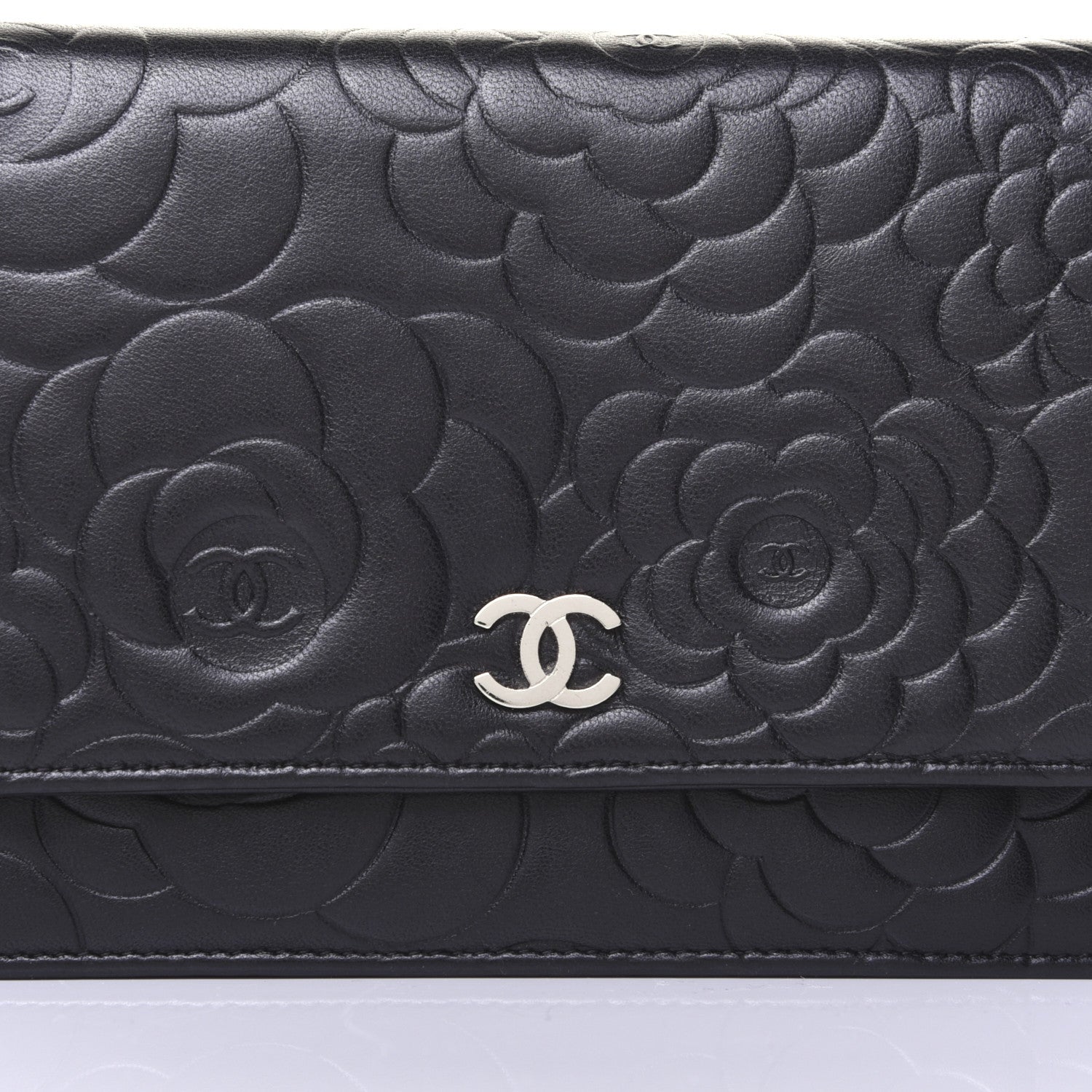 Chanel Lambskin Camellia Embossed Wallet on Chain WOC Black 11 of 16