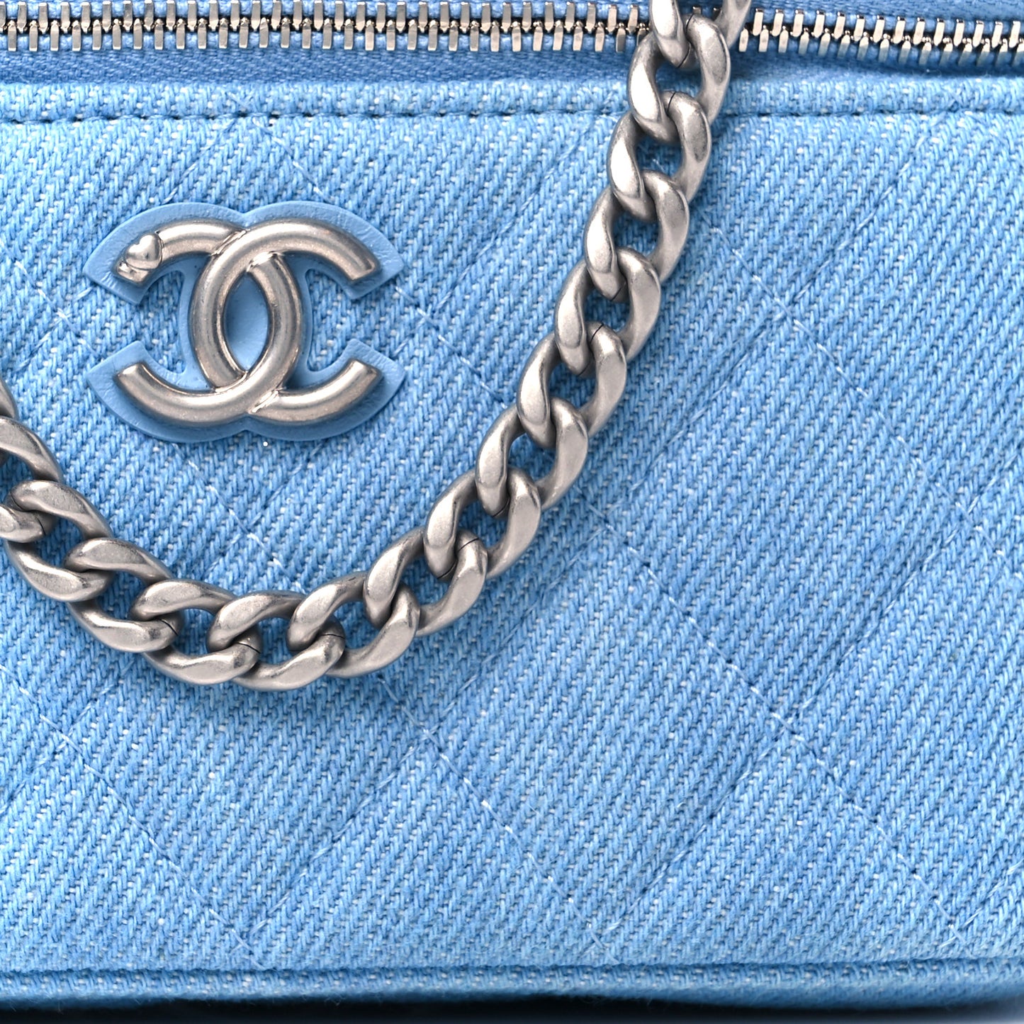 Denim Quilted Sweetheart Small Vanity Case With Chain Blue