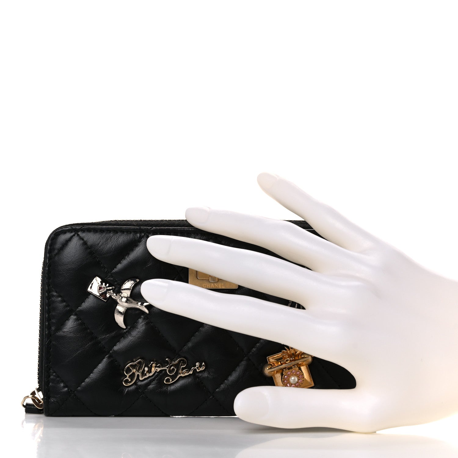 Chanel Aged Calfskin Quilted Small Lucky Charms 2.55 Reissue Zip Around Wallet Black 2 of 17