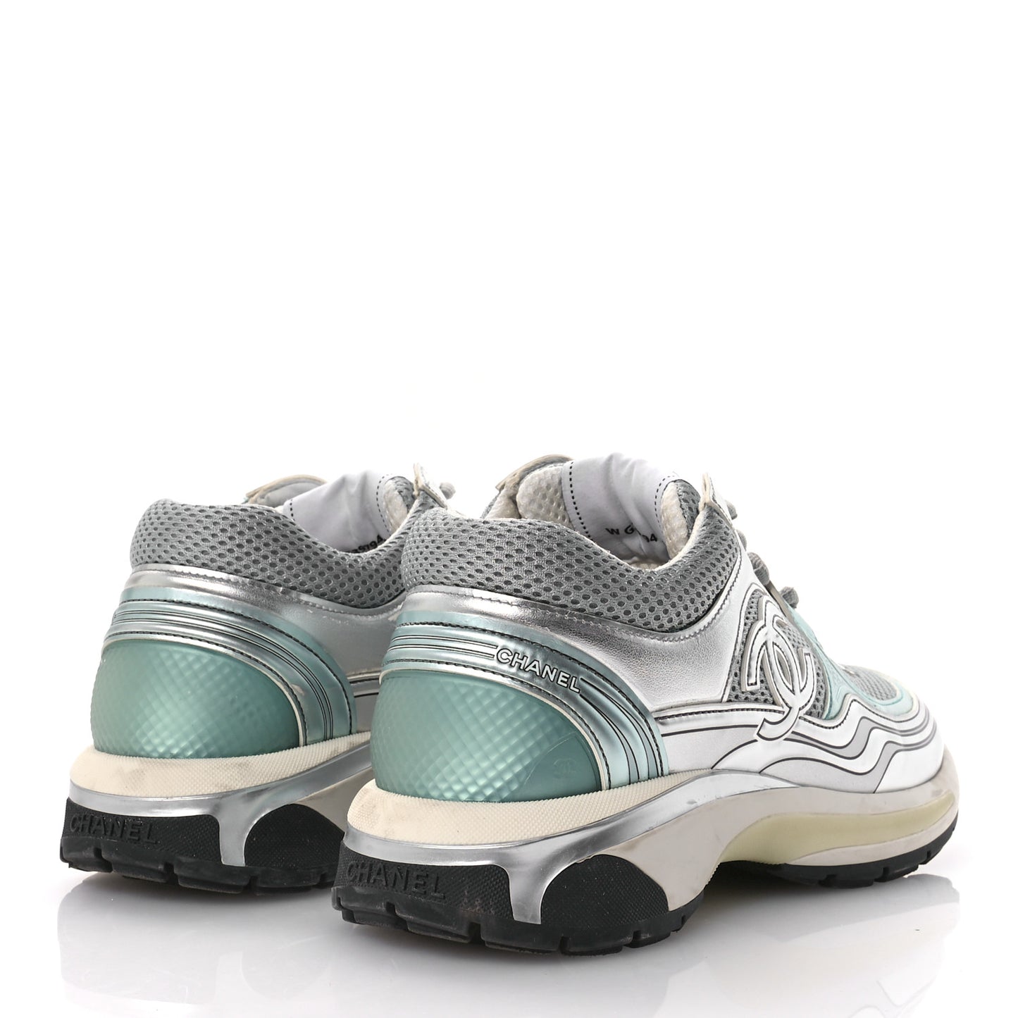 Fabric Laminated Calfskin Stretch CC Sneakers 40 Green Silver