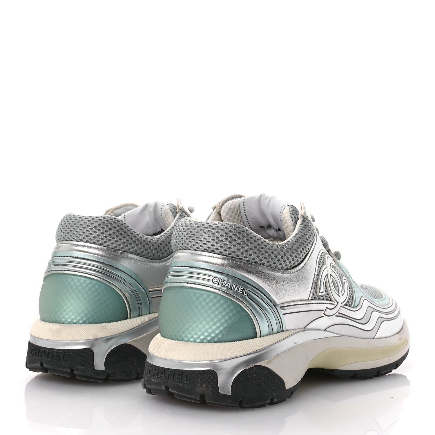 Chanel Fabric Laminated Calfskin Stretch CC Sneakers 40 Green Silver 5 of 9