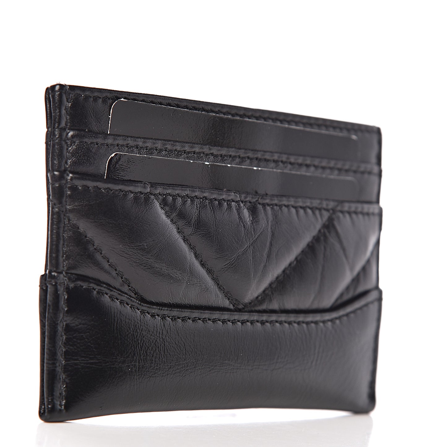 Aged Calfskin Chevron Quilted Gabrielle Card Holder Black