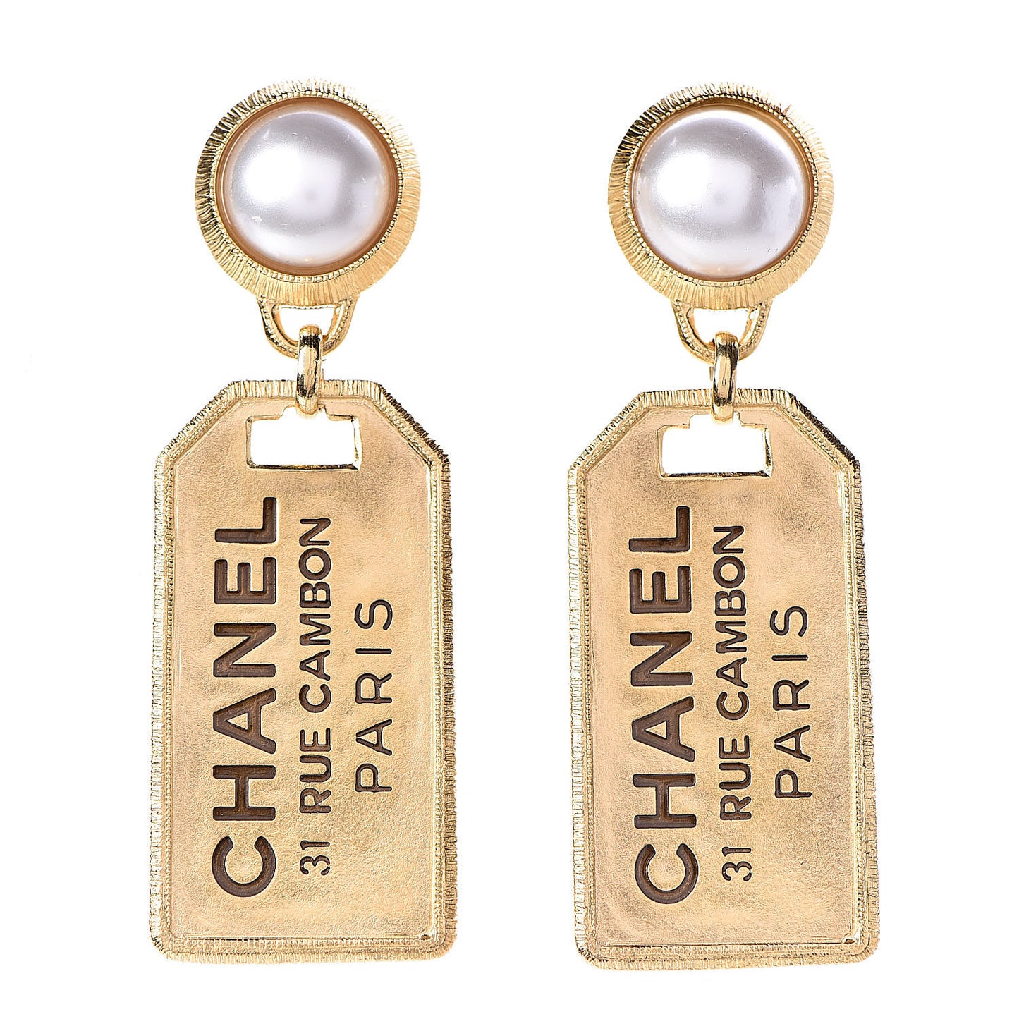 Pearl CC Tags Drop Earrings Gold