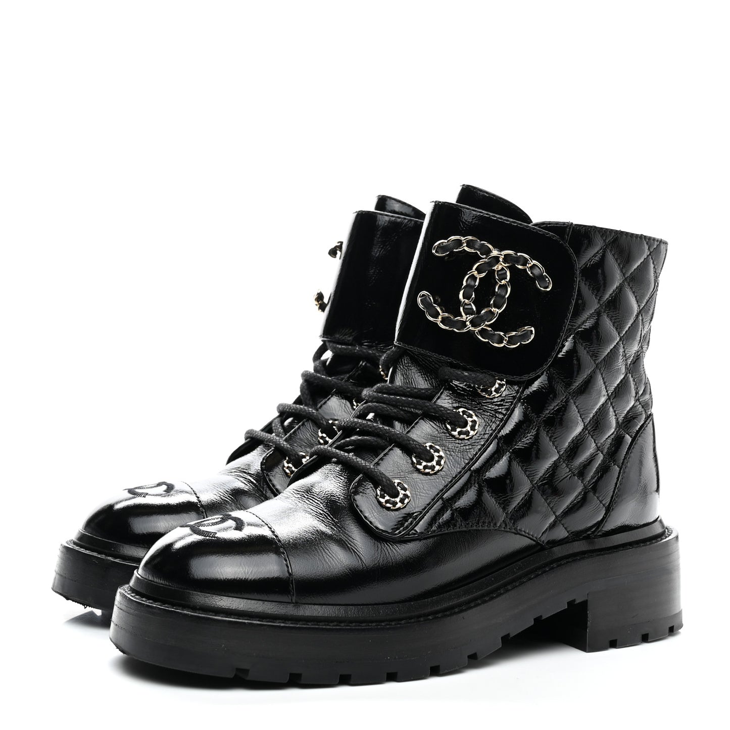 Shiny Calfskin Quilted Lace Up Combat Boots 35.5 Black
