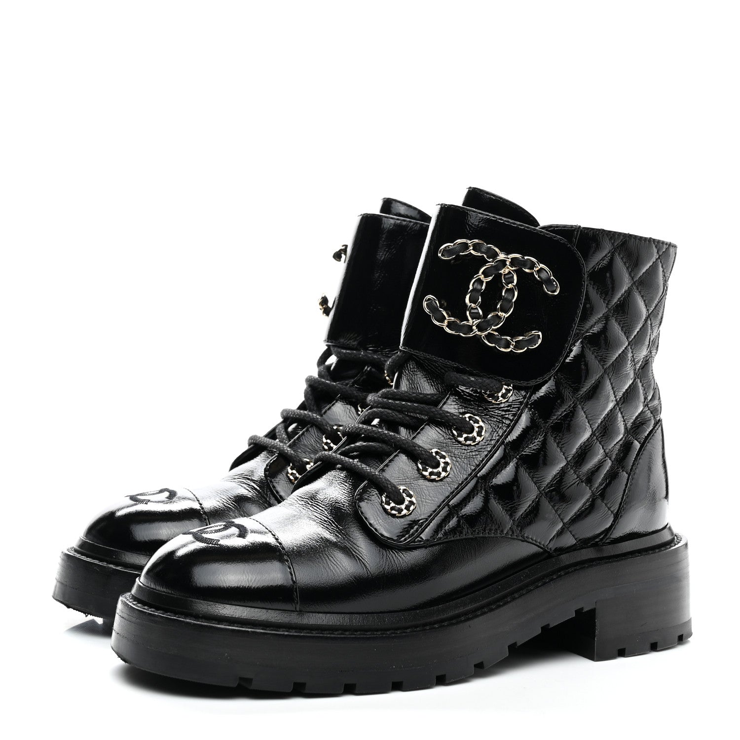 Chanel Shiny Calfskin Quilted Lace Up Combat Boots 35.5 Black 3 of 11