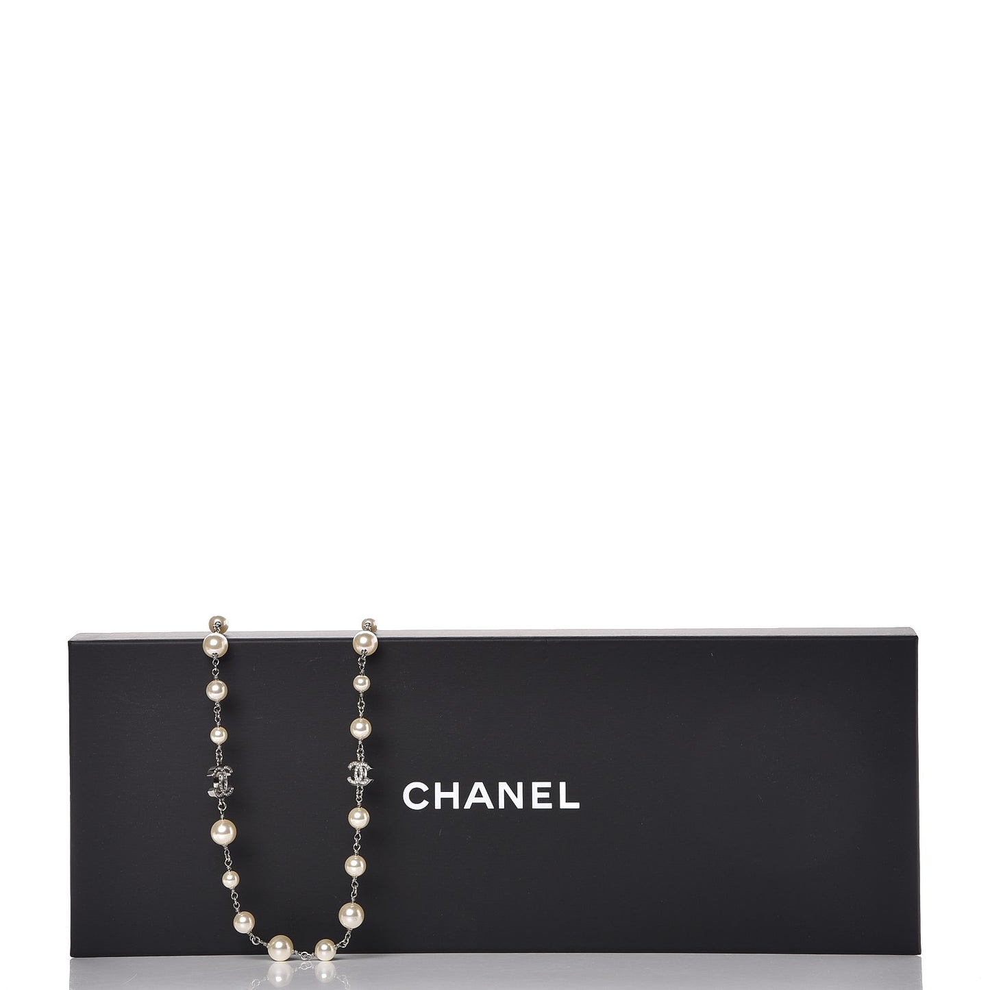 Crystal Pearl CC Long Necklace Silver