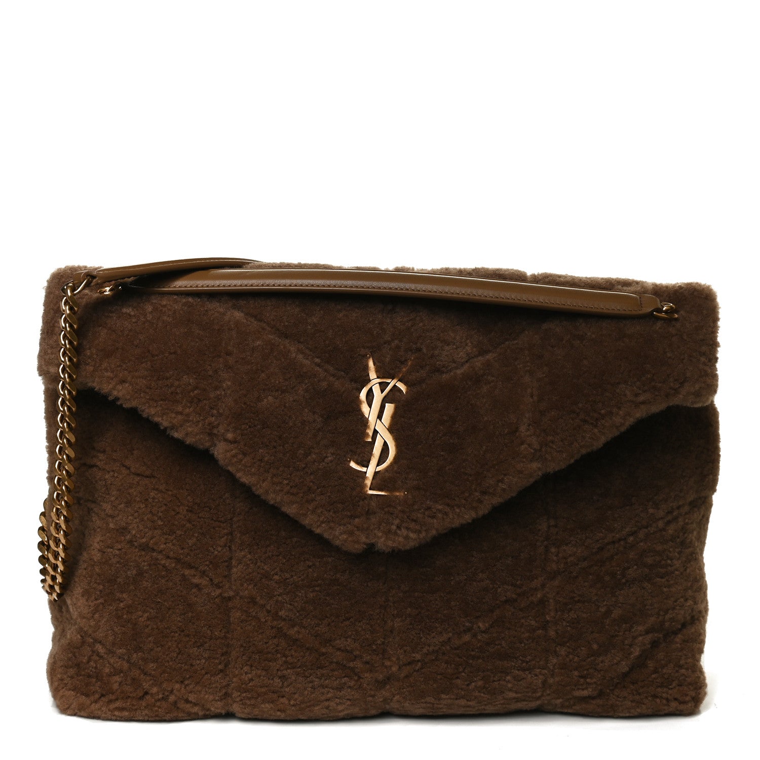 Saint Laurent Shearling Quilted Medium Loulou Monogram Chain Satchel Natural Brown 1 of 10