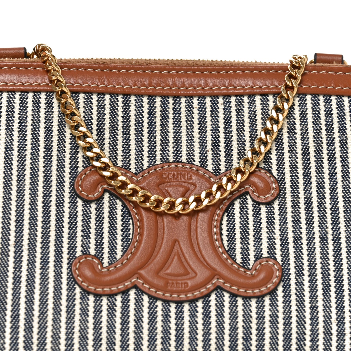 Canvas Calfskin Striped Triomphe Clutch On Chain Navy Blue Tan