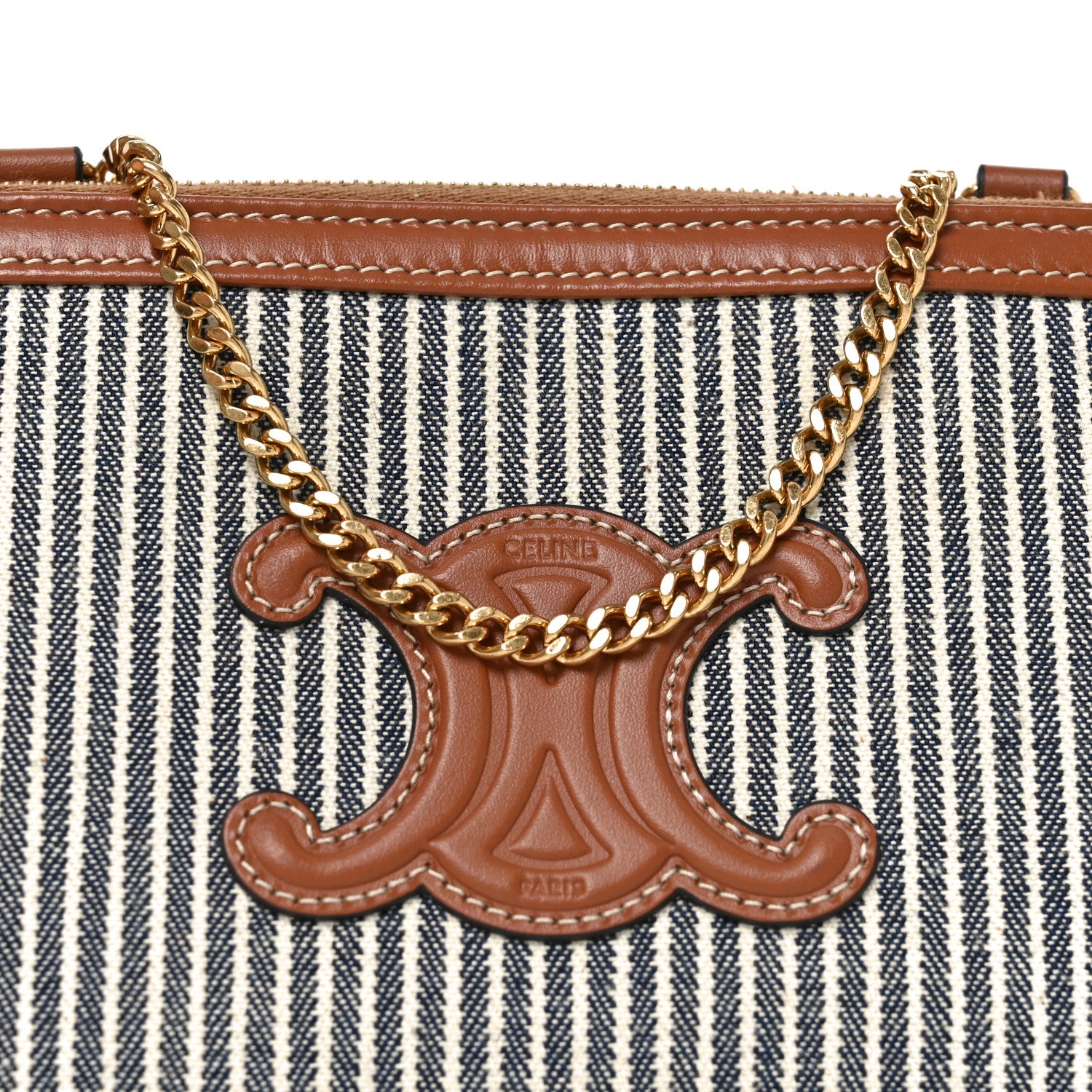 Celine Canvas Calfskin Striped Triomphe Clutch On Chain Navy Blue Tan 7 of 9