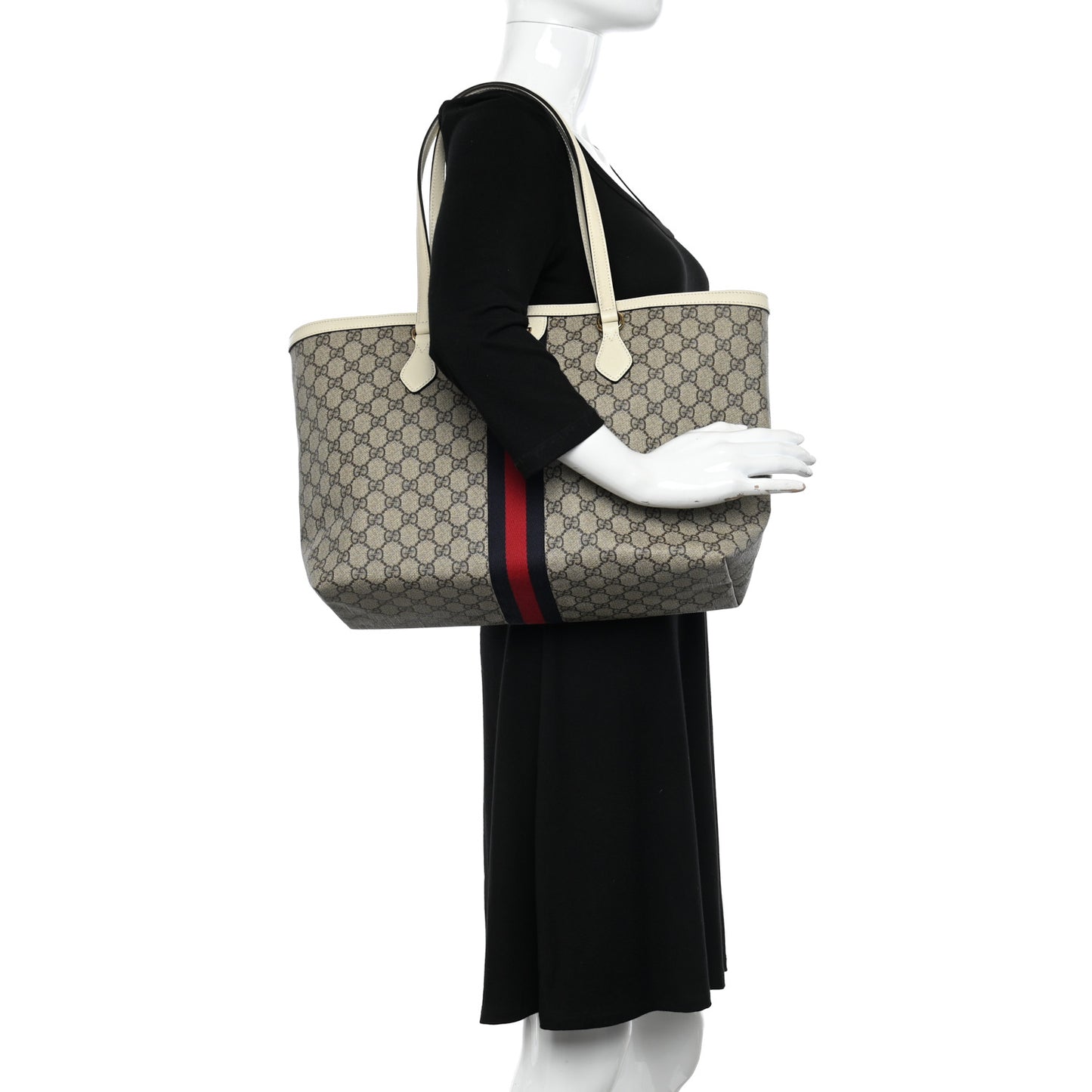 GG Supreme Monogram Textured Dollar Calfskin Web Medium Ophidia Shopping Tote Beige Ebony Mystic White