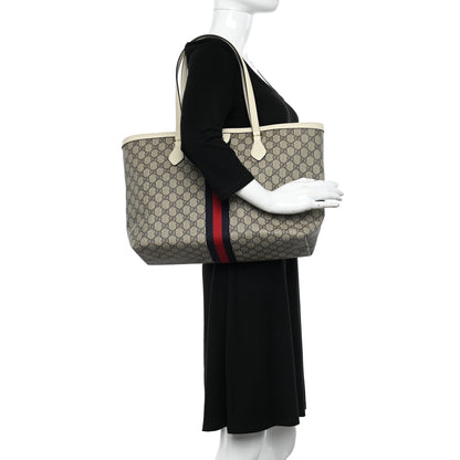 Gucci GG Supreme Monogram Textured Dollar Calfskin Web Medium Ophidia Shopping Tote Beige Ebony Mystic White 2 of 10
