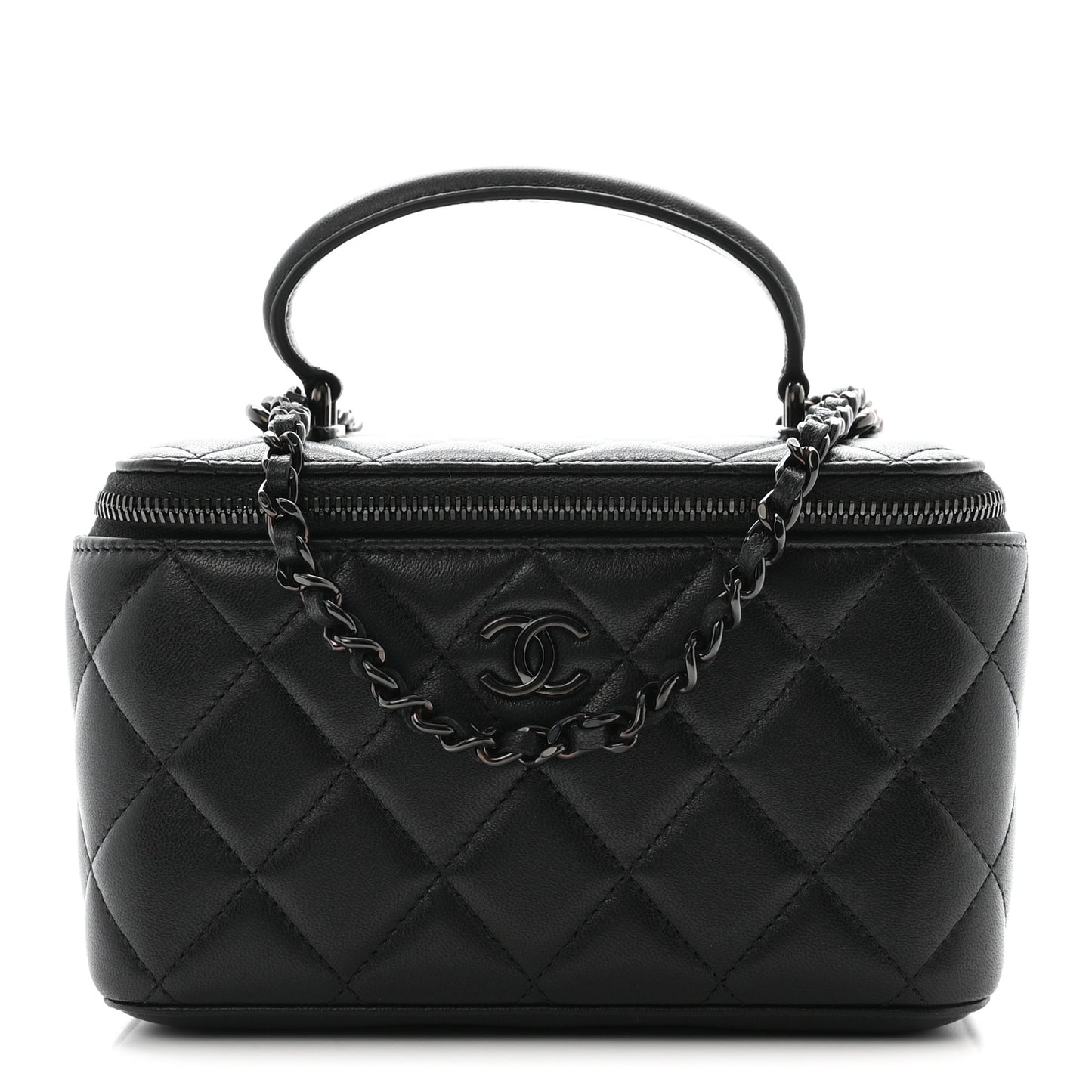 Lambskin Quilted Small Top Handle Vanity Case With Chain So Black