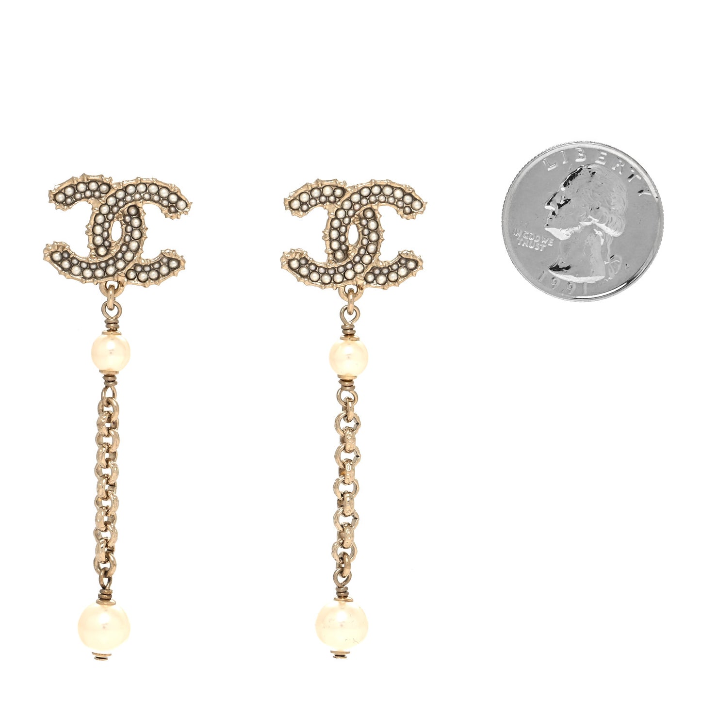 Pearl CC Chain Drop Earrings Gold