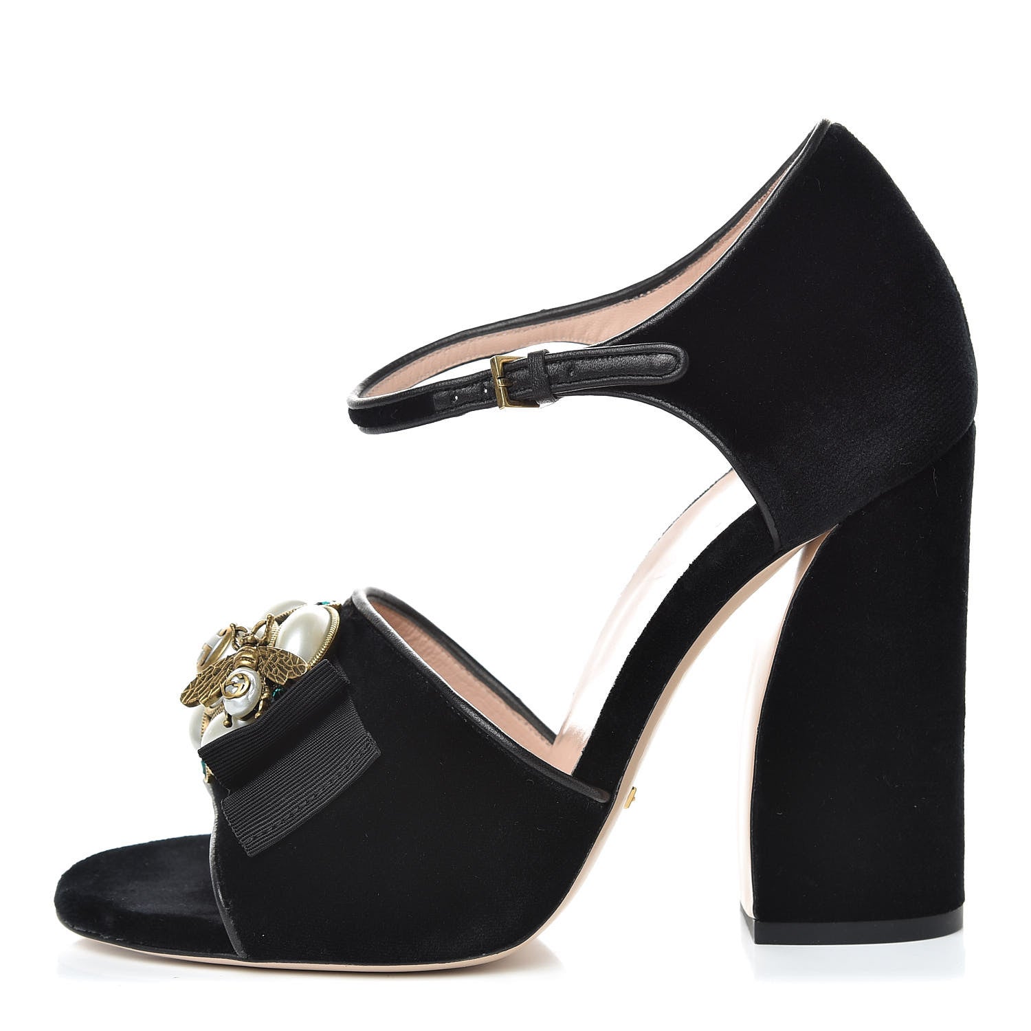 Gucci Velvet Pearl Bee Embellished Sandals 38 Black 1 of 15