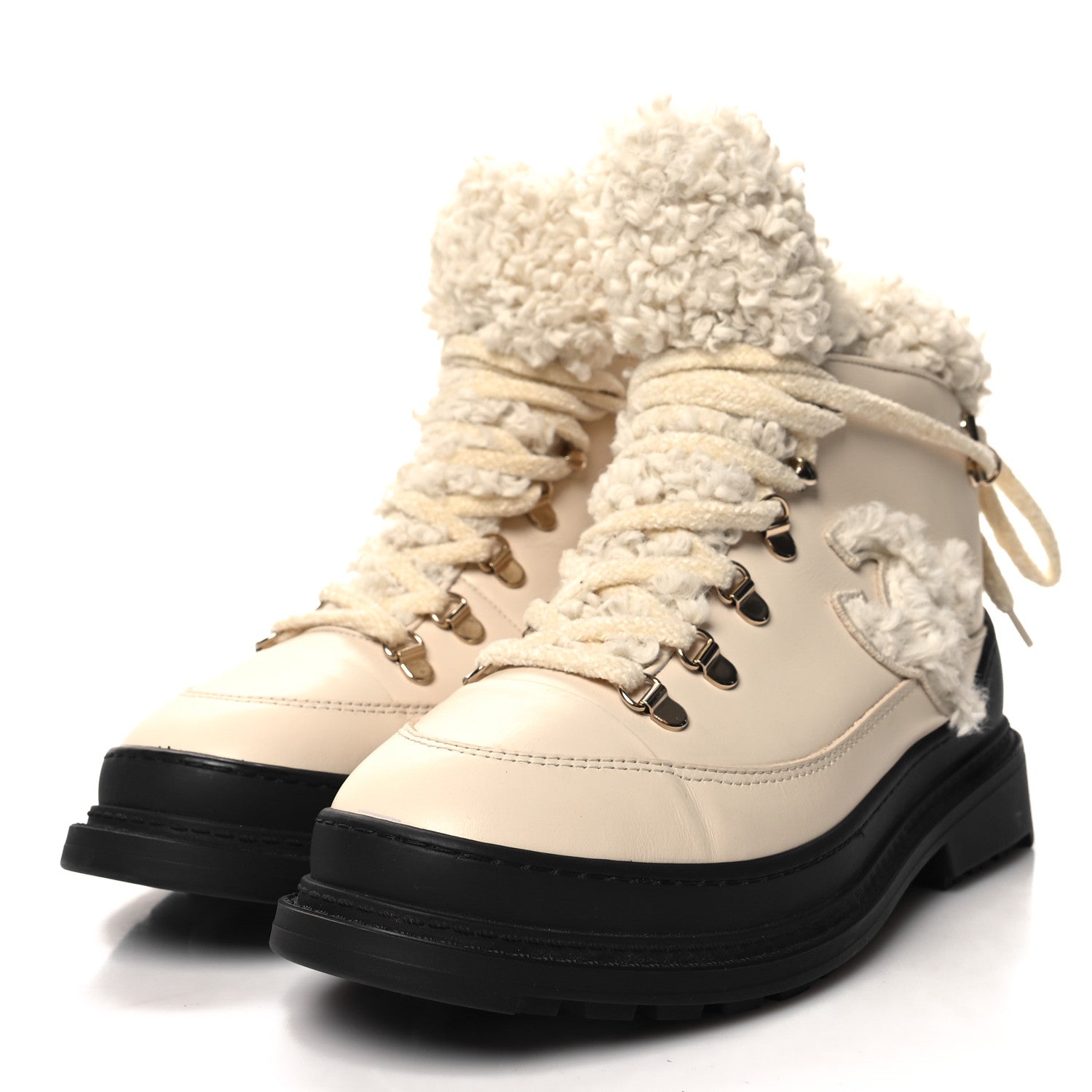 Chanel Calfskin Shearling CC Lace Up Boots 38 Light Beige Ivory 3 of 6