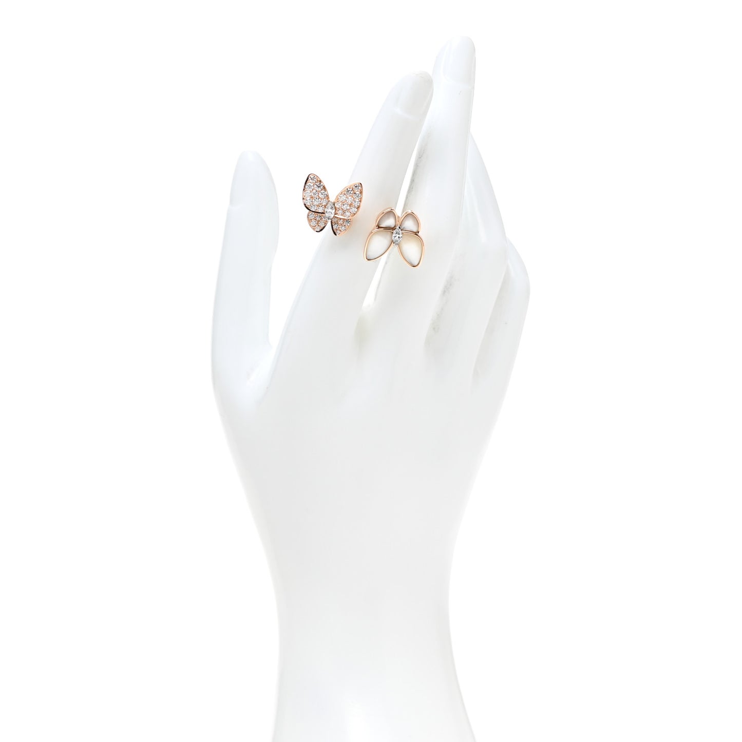 18K Rose Gold Diamond Mother of Pearl Two Butterfly Between The Finger Ring 50 5.25