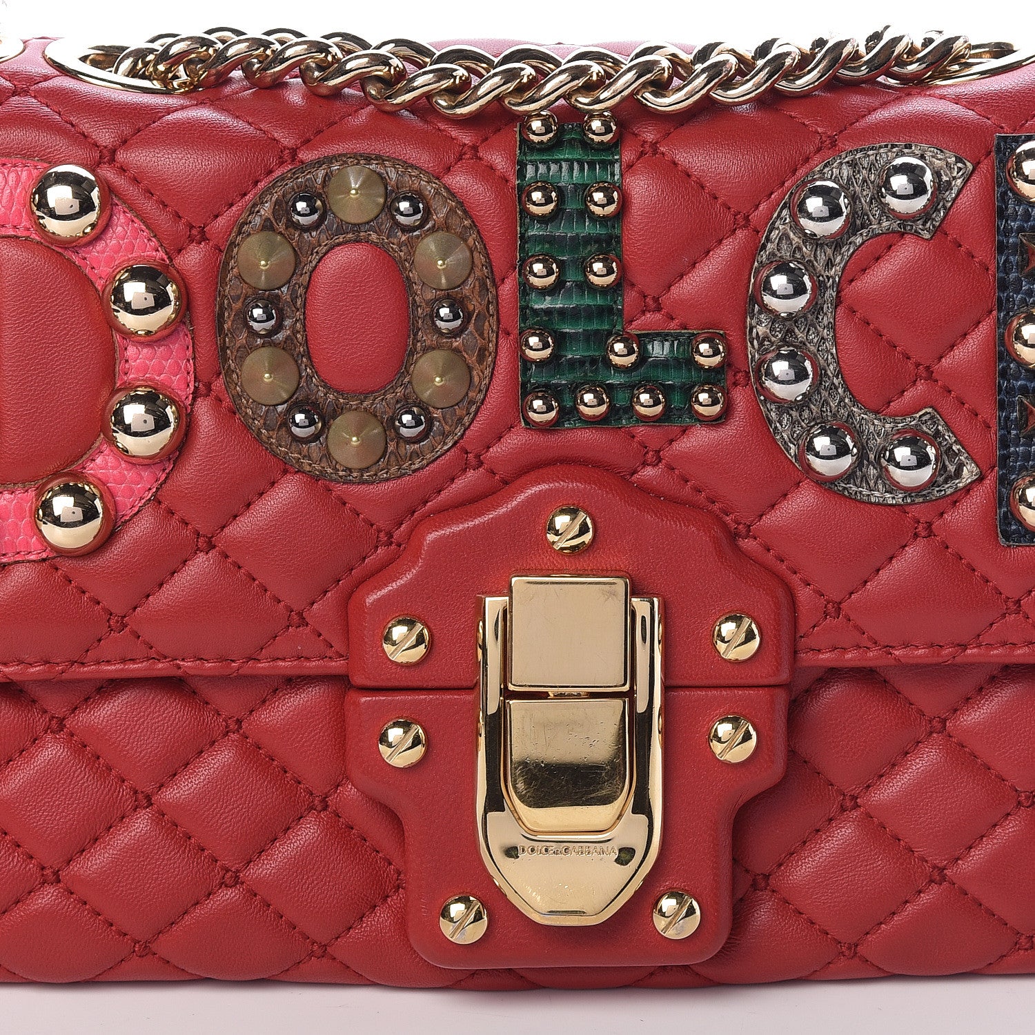 Dolce & Gabbana Lambskin Watersnake Embellished Lucia Shoulder Bag Red 7 of 9