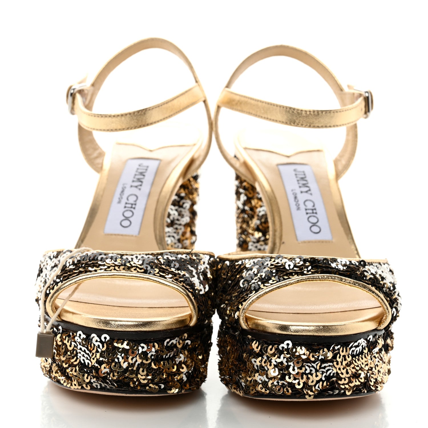 Jimmy Choo Sequin Peachy Peep Toe Platform Pumps 35 Silver Gold 2 of 7